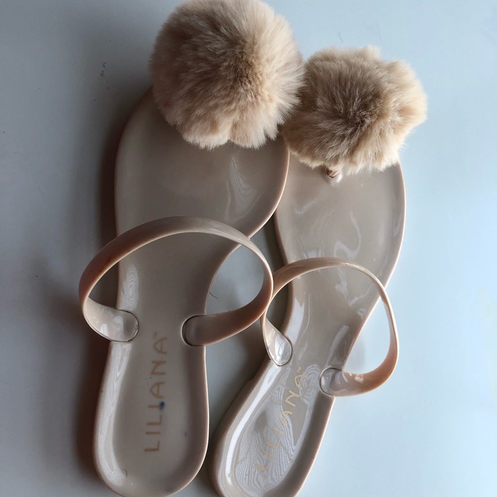 Liliana Beige Fuzzy Ball Sandals, Size 6